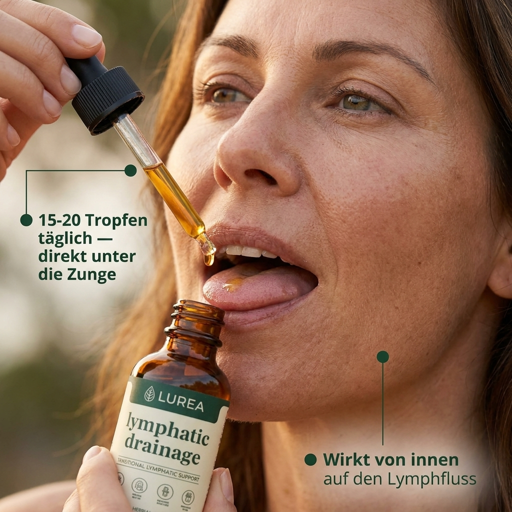 Anwendung der Lurea® Lymphdrainage-Tropfen unter der Zunge